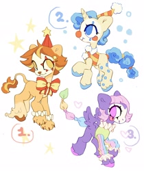 Size: 1724x2048 | Tagged: safe, artist:p0nyplanet, derpibooru import, oc, oc only, hybrid, lion, original species, pegasus, pony, unicorn, adoptable, circus, clown, lion pony