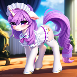 Size: 2048x2048 | Tagged: safe, derpibooru import, generator:purplesmart.ai, generator:stable diffusion, machine learning generated, oc, oc only, pony, unicorn, clothes, cute, female, horn, looking at you, maid, maid headdress, mare, solo, unicorn oc