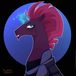 Size: 2000x2000 | Tagged: safe, artist:fourteennails, derpibooru import, tempest shadow, pony, unicorn, broken horn, bust, female, glowing, glowing horn, grin, horn, looking at you, magic, magic aura, mare, profile, smiling, smiling at you, solo, sparks
