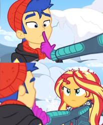 Size: 612x746 | Tagged: safe, derpibooru import, screencap, flash sentry, sunset shimmer, equestria girls, equestria girls series, clothes, cute, duo, duo male and female, female, hand, hand on mouth, male, shut up, snow, sunset, winter outfit