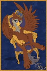 Size: 2083x3117 | Tagged: safe, artist:thatonegib, derpibooru import, oc, oc only, oc:peregrine, griffon, claws, crown, griffon oc, jewelry, looking at you, paws, regalia, sitting, smiling, smirk, solo, spread wings, throne, wings
