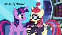 Size: 1280x720 | Tagged: safe, derpibooru import, edit, edited screencap, screencap, moondancer, twilight sparkle, twilight sparkle (alicorn), alicorn, pony, amending fences, book, bookshelf, caption, eyebrows, flcl, image macro, text, twilight's canterlot home, window