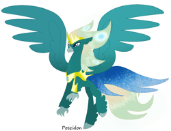 Size: 1134x873 | Tagged: safe, artist:harmonicdreemur1308, derpibooru import, classical hippogriff, hippogriff, base used, flying, greek mythology, jewelry, peytral, poseidon, simple background, solo, species swap, spread wings, tiara, white background, wings