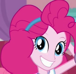 Size: 431x422 | Tagged: safe, derpibooru import, screencap, pinkie pie, human, better together, equestria girls, pinkie sitting, cropped, smiling, solo