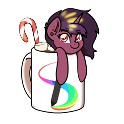 Size: 1500x1500 | Tagged: safe, artist:koa, derpibooru import, oc, oc only, pony, unicorn, candy, candy cane, chocolate, cup, cup of pony, ear piercing, earring, eye clipping through hair, eyebrows, eyebrows visible through hair, food, hot chocolate, jewelry, looking at you, marshmallow, micro, piercing, smiling, solo