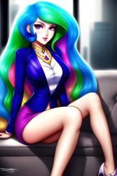 Size: 2048x3072 | Tagged: safe, derpibooru import, generator:purplesmart.ai, generator:stable diffusion, machine learning generated, princess celestia, human, clothes, female, humanized, jewelry, legs, looking at you, necklace, sofa, solo