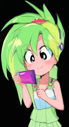 Size: 384x704 | Tagged: safe, artist:luckreza8, derpibooru import, edit, machine learning generated, lemon zest, human, equestria girls, anime, black background, cellphone, female, happy, phone, pinegraph, simple background, smartphone, solo