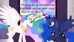 Size: 1365x768 | Tagged: safe, derpibooru import, screencap, princess celestia, princess luna, alicorn, pony, caption, derpibooru, image macro, meta, text