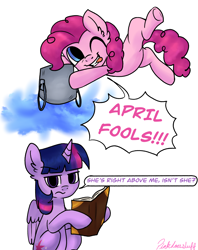 Size: 1948x2460 | Tagged: safe, artist:pinkdoesstuff, derpibooru import, pinkie pie, twilight sparkle, twilight sparkle (alicorn), alicorn, april fools, april fools 2023, book, cute, diapinkes, duo, duo female, female, irritated, looking at you, prank, simple background, twilight sparkle is not amused, unamused, white background