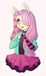 Size: 1090x1820 | Tagged: safe, artist:tanatos, derpibooru import, fluttershy, anthro, pegasus, braces, choker, clothes, draw this in your style, dtiys emoflat, emo, female, fingerless gloves, gloves, mare, skirt, spiked choker