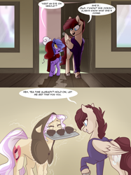 Size: 1280x1708 | Tagged: safe, artist:lolepopenon, derpibooru import, oc, oc:billie, oc:needlework, oc:pepper, earth pony, pegasus, pony, ask billie the kid, clothes, comic, cup, hoodie, mouth hold, scarf, teacup
