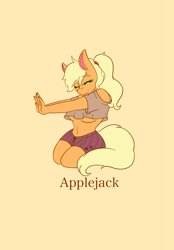 Size: 1423x2048 | Tagged: safe, artist:mscolorsplash, derpibooru import, applejack, anthro, earth pony, alternate hairstyle, applerack, belly button, braless, breasts, clothes, eyes closed, kneeling, midriff, ponytail, shorts, simple background, smiling, solo, stretching, underboob, wide hips, yellow background