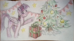 Size: 1261x699 | Tagged: safe, artist:taika403, derpibooru import, twilight sparkle, twilight sparkle (alicorn), alicorn, christmas, christmas tree, happy new year, holiday, present, traditional art, tree