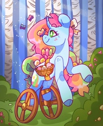 Size: 1672x2048 | Tagged: safe, artist:cocopudu, derpibooru import, oc, oc only, oc:sherbet, butterfly, unicorn, amputee, basket, forest, horn, unicorn oc