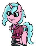 Size: 131x166 | Tagged: safe, artist:gray star, derpibooru import, part of a set, oc, oc:candy chip, cyborg, unicorn, the sunjackers, chest fluff, clothes, cyberpunk, female, goggles, goggles on head, gray's tiny pony set, jacket, mare, simple background, transparent background