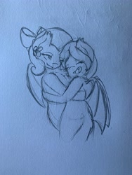 Size: 3024x4032 | Tagged: safe, artist:cloudnova-art, derpibooru import, oc, oc:mapleshine, oc:molly d, bat pony, hug, sketch, traditional art