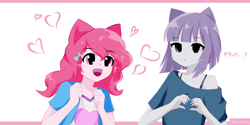 Size: 3000x1500 | Tagged: safe, artist:sholechbrony, derpibooru import, maud pie, pinkie pie, human, equestria girls, duo, duo female, eared humanization, excited, female, heart, heart hands, humanized, open mouth, open smile, siblings, signature, sisters, smiling, sparkles