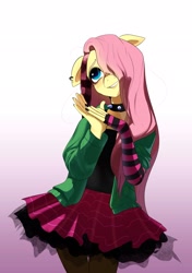 Size: 1445x2048 | Tagged: safe, artist:aztrial, derpibooru import, fluttershy, anthro, pegasus, choker, clothes, draw this in your style, dtiys, dtiys emoflat, ear piercing, earring, evening gloves, female, fingerless elbow gloves, fingerless gloves, gloves, gradient background, grin, hair over one eye, hands together, jacket, jewelry, long gloves, mare, nail polish, piercing, plaid skirt, skirt, smiling, solo, spiked choker, striped gloves