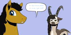 Size: 1280x640 | Tagged: safe, artist:darkhestur, derpibooru import, oc, oc:dark, oc:thyra, earth pony, goat, goat pony, looking at you, simple background, speech bubble