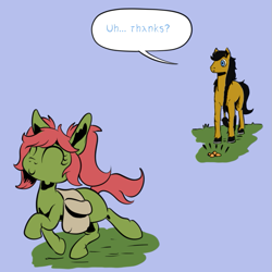 Size: 659x659 | Tagged: safe, artist:darkhestur, derpibooru import, oc, oc:dar, oc:goblin pony, rock, saddles, speech bubble, trotting