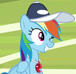 Size: 808x785 | Tagged: safe, derpibooru import, screencap, rainbow dash, pegasus, pony, 2 4 6 greaaat, season 9, spoiler:s09, coach, coach rainbow dash, coaching cap, cropped, cute, dashabetes, female, grin, mare, one eye closed, rainbow dashs coaching whistle, sitting, smiling, solo, whistle, whistle necklace, wink