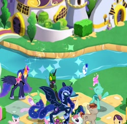 Size: 690x670 | Tagged: safe, derpibooru import, screencap, nightmare moon, princess luna, queen chrysalis, element of generosity, element of honesty, element of kindness, element of laughter, element of loyalty, element of magic, elements of harmony, gameloft