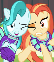 Size: 808x926 | Tagged: safe, derpibooru import, screencap, lighthoof, shimmy shake, earth pony, pony, 2 4 6 greaaat, season 9, spoiler:s09, bonk, buckball court, buckball field, cheerleader, cheerleader outfit, clothes, cropped, duo, duo female, eyeshadow, female, grimace, looking at you, makeup, mare, one eye closed, ouch, pom pom