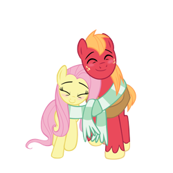 Size: 2250x2250 | Tagged: safe, anonymous artist, derpibooru import, big macintosh, fluttershy, earth pony, pegasus, pony, the perfect pear, blushing, clothes, cute, eyes closed, female, fluttermac, high res, macabetes, male, mare, nuzzling, scarf, shared clothing, shared scarf, shipping, shyabetes, simple background, smiling, stallion, straight, striped scarf, transparent background, vector, walking