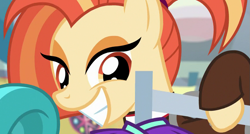 Size: 863x462 | Tagged: safe, derpibooru import, screencap, lighthoof, shimmy shake, earth pony, pony, 2 4 6 greaaat, cheerleader, cheerleader outfit, clothes, cropped, cute, eyeshadow, female, grin, lidded eyes, makeup, mare, offscreen character, shakeabetes, smiling, solo focus, wide grin