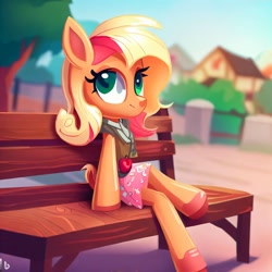 Size: 1024x1024 | Tagged: safe, derpibooru import, machine learning generated, applejack, anthro, bench, female, mare, sitting, solo