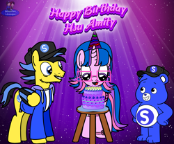Size: 2400x2000 | Tagged: safe, artist:mrstheartist, oc, oc only, oc:creative bear, oc:hsu amity, oc:ponyseb, alicorn, bear, pegasus, pony, friendship is magic, abstract background, birthday, birthday cake, birthday hat, cake, cap, care bears, care bears: unlock the magic, clothes, equine, female, feral, fictional species, food, front view, hasbro, hat, headwear, hoodie, male, mammal, mare, my little pony, stool, topwear, unzipped