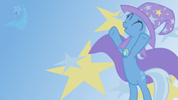 Size: 1920x1080 | Tagged: safe, artist:mlpwallpapermaker, derpibooru import, edit, trixie, pony, unicorn, bipedal, cape, clothes, cutie mark, eyes closed, female, gradient background, hat, mare, open mouth, open smile, smiling, solo, stars, trixie's cape, trixie's hat, wallpaper, wallpaper edit