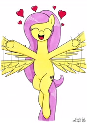 Size: 2467x3477 | Tagged: safe, artist:killerteddybear94, derpibooru import, fluttershy, pegasus, pony, cute, daaaaaaaaaaaw, eyes closed, female, fluttershy day, flying, heart, mare, open mouth, ponytail, shyabetes, simple background, smiling, solo, traditional art, underhoof, white background