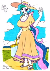 Size: 2478x3492 | Tagged: safe, artist:killerteddybear94, derpibooru import, princess celestia, alicorn, anthro, plantigrade anthro, bag, beckoning, big breasts, breasts, celestia day, cleavage, clothes, cute, cutelestia, dress, feet, female, flip-flops, hat, huge breasts, inviting, looking at you, mare, open mouth, ponytail, princess breastia, sandals, smiling, solo, sun hat, sundress, traditional art