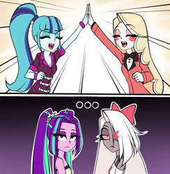 Size: 976x1000 | Tagged: safe, artist:nekojackun, derpibooru import, aria blaze, sonata dusk, demon, human, insect, moth, equestria girls, ..., aria blaze is not amused, bare shoulders, charlie morningstar, crossover, cute, hazbin hotel, missing eye, moth demon, one eyed, sleeveless, sonatabetes, strapless, unamused, vaggie