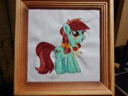 Size: 5152x3864 | Tagged: safe, artist:lightdragon1988, derpibooru import, candy apples, earth pony, pony, apple, apple family member, candy apple (food), cross stitch, embroidery, female, food, frame, irl, photo, solo, traditional art