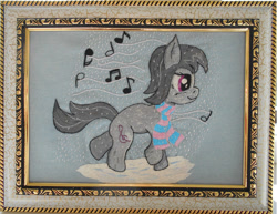 Size: 1024x789 | Tagged: safe, artist:lightdragon1988, derpibooru import, octavia melody, earth pony, pony, clothes, cross stitch, female, irl, music notes, photo, scarf, snow, snowfall, solo, striped scarf, traditional art, winter