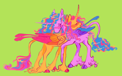 Size: 1280x805 | Tagged: safe, artist:webkinzworldz, derpibooru import, princess gold lily, princess sterling, alicorn, pony, cloven hooves, duo, female, green background, leonine tail, lesbian, shipping, simple background, tail, unshorn fetlocks