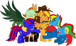 Size: 11398x6960 | Tagged: safe, artist:ejlightning007arts, derpibooru import, oc, oc only, oc:ej, oc:firey ratchet, oc:flare spark, oc:gregory griffin, oc:shield wing, oc:stephen (stephen-fisher), oc:train track, alicorn, griffon, pegasus, pony, unicorn, alicorn oc, base used, coat markings, cute, eyes closed, fedora, female, griffon oc, group hug, hat, horn, hug, male, mare, multicolored hair, simple background, smiling, socks (coat marking), stallion, the fire lightning squad, transparent background, unshorn fetlocks, vector, wings