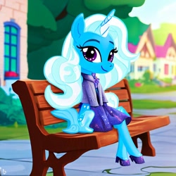 Size: 1024x1024 | Tagged: safe, derpibooru import, machine learning generated, trixie, anthro, bench, sitting, solo