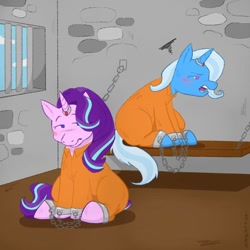 Size: 1080x1080 | Tagged: safe, artist:lollamas, derpibooru import, starlight glimmer, trixie, pony, unicorn, blushing, chains, clothes, cuffed, female, frustrated, jail, jumpsuit, magic suppression, mare, prison, prison outfit, prisoner, prisoner sg, prisoner tx, sad, shackles, sitting