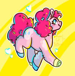 Size: 990x1008 | Tagged: safe, artist:flowercatbutters, derpibooru import, pinkie pie, earth pony, pony, blush sticker, blushing, coat markings, female, floating heart, heart, hooves, mare, multicolored hooves, smiling, solo, striped background, underhoof