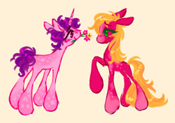 Size: 1280x904 | Tagged: safe, artist:webkinzworldz, derpibooru import, big macintosh, sugar belle, earth pony, pony, unicorn, alternate design, blushing, duo, female, flower, gender headcanon, lesbian, looking at each other, looking at someone, shipping, simple background, sugarmac, trans female, transgender