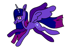 Size: 1316x900 | Tagged: safe, artist:msponies, derpibooru import, twilight sparkle, twilight sparkle (alicorn), alicorn, pony, g4, female, flying, horn, mare, ms paint, redesign, simple background, smiling, solo, spread wings, tail, white background, wings