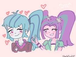 Size: 1024x768 | Tagged: safe, artist:startrixxh, derpibooru import, aria blaze, sonata dusk, equestria girls, arisona, duo, female, heart, lesbian, pink background, shipping, simple background