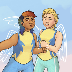 Size: 947x947 | Tagged: safe, artist:leek-lark, derpibooru import, lightning dust, rainbow dash, human, wonderbolts academy, clothes, female, fist bump, humanized, looking at you, uniform, wonderbolt trainee uniform