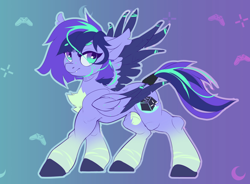 Size: 2048x1509 | Tagged: safe, artist:vertexpaint, derpibooru import, oc, bat pony, hybrid, pegasus, pony, cutie mark, female, gradient background, mare, solo, tail, wings