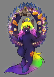 Size: 2480x3508 | Tagged: safe, artist:sinrinf, derpibooru import, oc, oc:avra, bird, chicken, pegasus, pony, chest fluff, dollars, ear fluff, ears, food, glowing, meme, smiling, solo, spread wings, st. isaac 's cathedral, sushi