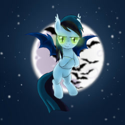 Size: 900x895 | Tagged: artist needed, safe, derpibooru import, oc, oc only, bat, bat pony, pony, bat pony oc, black mane, blue mane, flying, glowing, glowing eyes, green eyes, looking at you, moon, slit eyes, spread wings, starry sky, stars, unnamed oc, wings