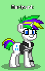 Size: 528x828 | Tagged: safe, derpibooru import, rarity, pony, alternate hairstyle, clothes, green background, jacket, leather, leather jacket, mohawk, pony town, punk, raripunk, short tail, simple background, solo, tail